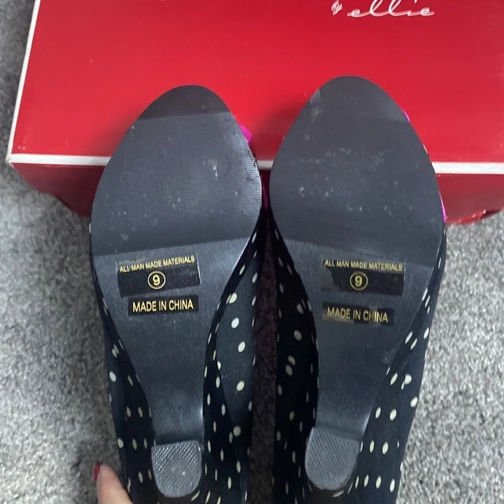 Penthouse Shoes by ellie Black White Polka Dots Pink Bows sz 9